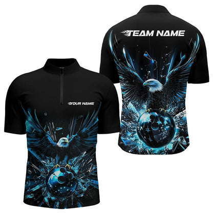 Schwarz-blauer Adler Break-Glass maßgeschneiderte Bowling-Quarter-Zip-Shirts für Herren, Bowling-Teamshirt IPHW8396