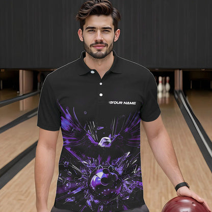 Schwarz-lila Adler Break-Glass maßgeschneiderte Bowling-Poloshirts für Herren, Bowling-Teamshirt IPHW8397