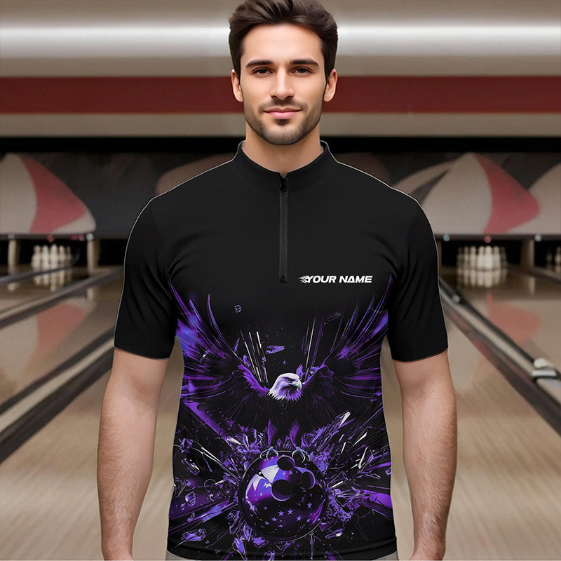 Schwarz-lila Adler Break-Glass maßgeschneiderte Bowling-Quarter-Zip-Shirts für Herren, Bowling-Teamshirt IPHW8397