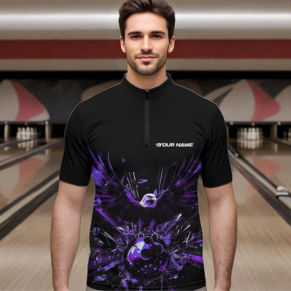 Schwarz-lila Adler Break-Glass maßgeschneiderte Bowling-Quarter-Zip-Shirts für Herren, Bowling-Teamshirt IPHW8397