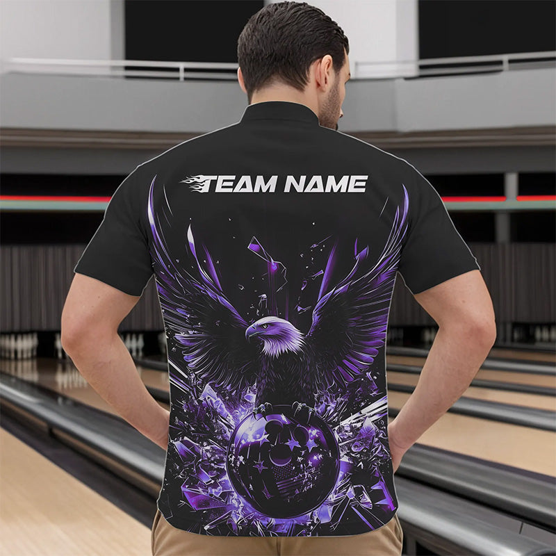 Schwarz-lila Adler Break-Glass maßgeschneiderte Bowling-Quarter-Zip-Shirts für Herren, Bowling-Teamshirt IPHW8397