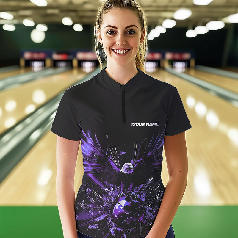 Schwarz-lila Adler Break-Glass maßgeschneiderte Bowling-Quarter-Zip-Shirts für Damen, Bowling-Teamshirt IPHW8397