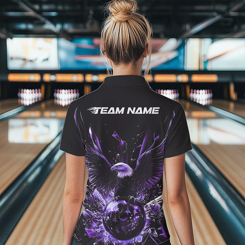 Schwarz-lila Adler Break-Glass maßgeschneiderte Bowling-Quarter-Zip-Shirts für Damen, Bowling-Teamshirt IPHW8397