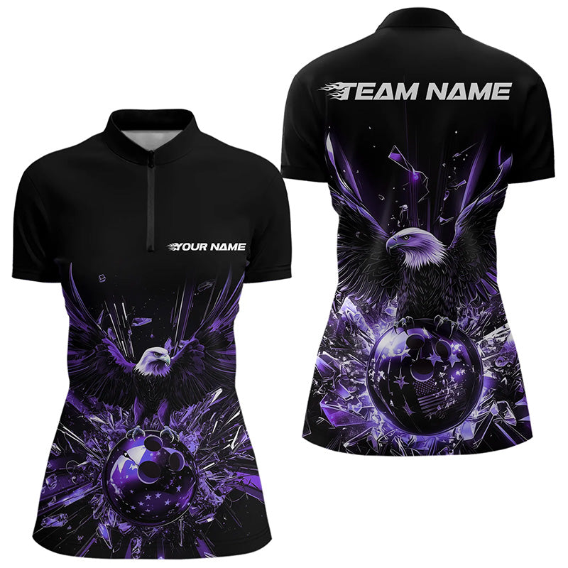 Schwarz-lila Adler Break-Glass maßgeschneiderte Bowling-Quarter-Zip-Shirts für Damen, Bowling-Teamshirt IPHW8397