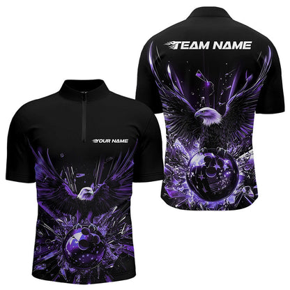 Schwarz-lila Adler Break-Glass maßgeschneiderte Bowling-Quarter-Zip-Shirts für Herren, Bowling-Teamshirt IPHW8397