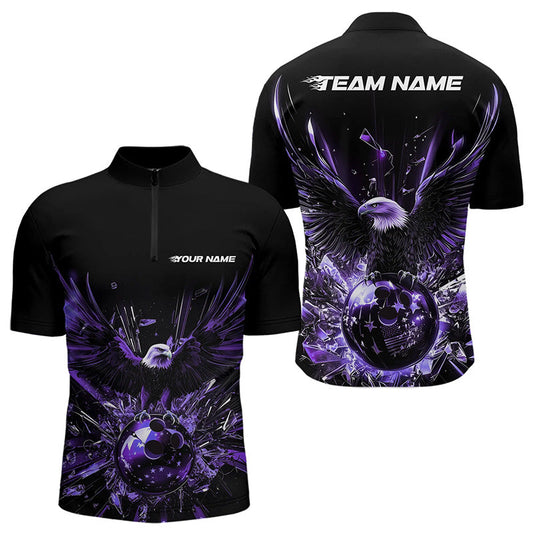 Schwarz-lila Adler Break-Glass maßgeschneiderte Bowling-Quarter-Zip-Shirts für Herren, Bowling-Teamshirt IPHW8397