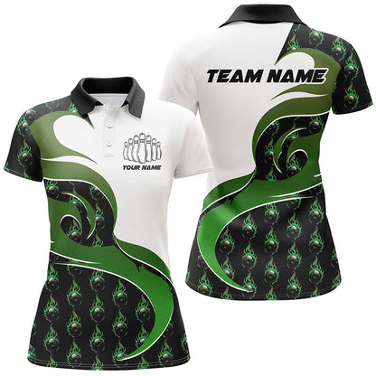 Individuelle grüne Flammen-Bowling-Polohemden für Damen, Bowlingteam-Hemden, Bowling-Outfit IPHW6973