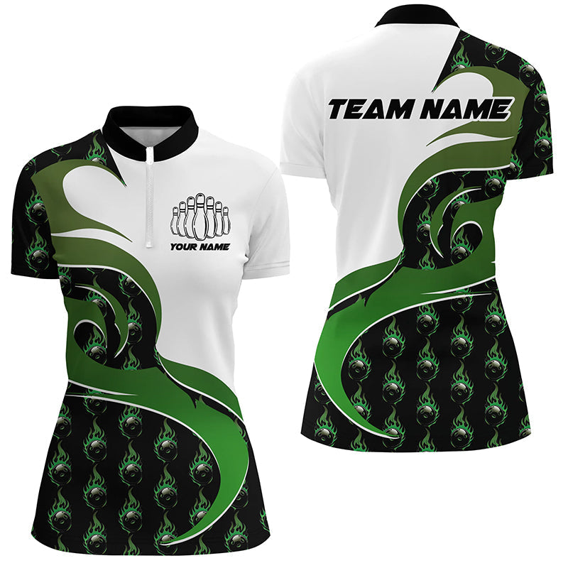 Individuelle grüne Flammen-Bowling-Polohemden für Damen, Bowlingteam-Hemden, Bowling-Outfit IPHW6973