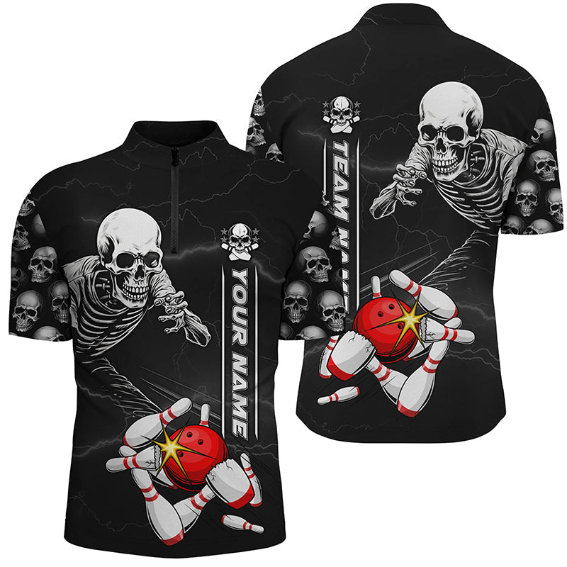 Individuell gestaltete Bowling-Hemden mit Totenkopf-Motiv und Reißverschluss, Unisex Halloween-Design für Bowling-Teams IPHW5304
