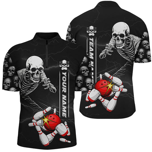 Individuell gestaltete Bowling-Hemden mit Totenkopf-Motiv und Reißverschluss, Unisex Halloween-Design für Bowling-Teams IPHW5304