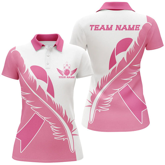 Feder-Schleifen-Brustkrebs-Bewusstseins-Bowlinghemden für Damen, pinke Bowlingtrikots IPHW6674