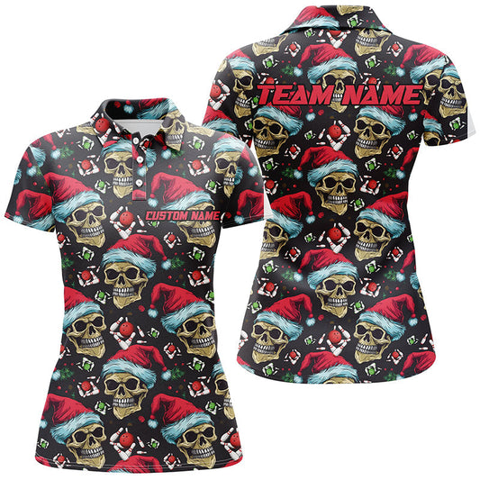 Lustiges Weihnachts-Schädel-Design mit Weihnachtsmütze Damen-Polo-Shirts Strike Bowling-Team Weihnachtsoutfits IPHW5317