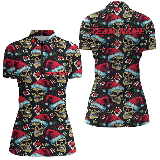Lustige Weihnachts-Schädel mit Weihnachtsmütze, Damen-Quarter-Zip-Hemden, "Strike"-Bowlingteam-Outfits IPHW5317