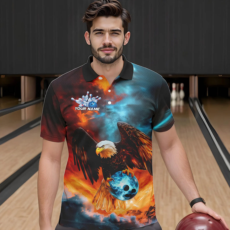 Blau-Orange maßgeschneiderte Flammen-Adler Bowling-Poloshirts für Herren, Bowling-Team-Shirt mit Name IPHW8449