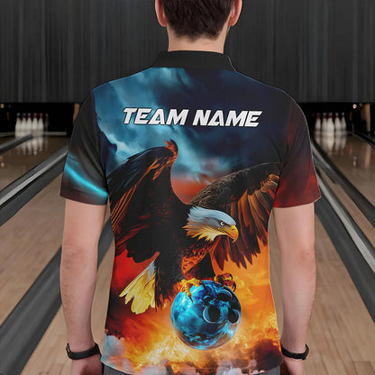 Blau-Orange maßgeschneiderte Flammen-Adler Bowling-Poloshirts für Herren, Bowling-Team-Shirt mit Name IPHW8449