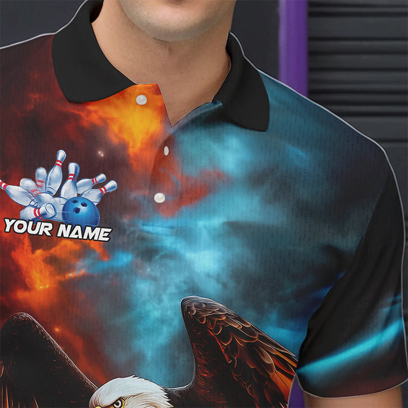 Blau-Orange maßgeschneiderte Flammen-Adler Bowling-Poloshirts für Herren, Bowling-Team-Shirt mit Name IPHW8449