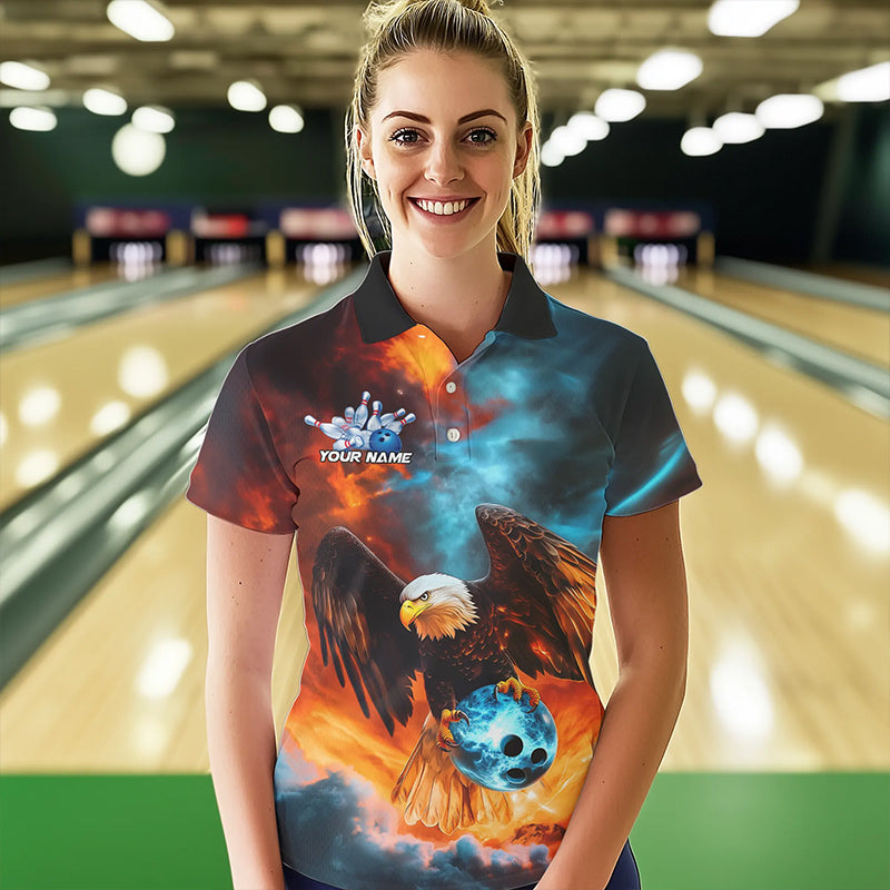 Blau-Orange maßgeschneiderte Flammen-Adler Bowling-Poloshirts für Damen, Bowling-Team-Shirt IPHW8449
