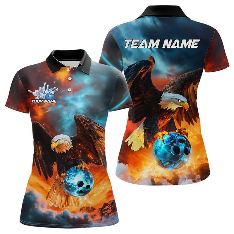 Blau-Orange maßgeschneiderte Flammen-Adler Bowling-Poloshirts für Damen, Bowling-Team-Shirt IPHW8449