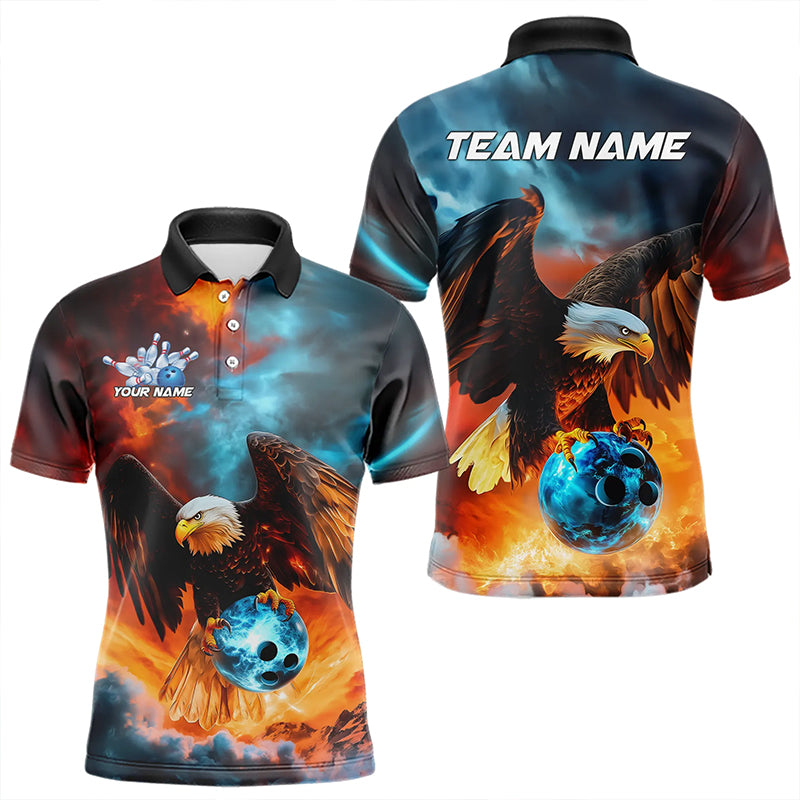 Blau-Orange maßgeschneiderte Flammen-Adler Bowling-Poloshirts für Herren, Bowling-Team-Shirt mit Name IPHW8449