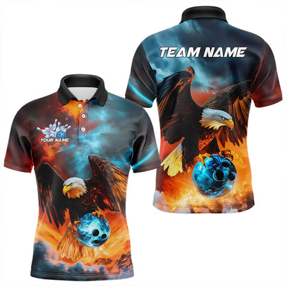 Blau-Orange maßgeschneiderte Flammen-Adler Bowling-Poloshirts für Herren, Bowling-Team-Shirt mit Name IPHW8449