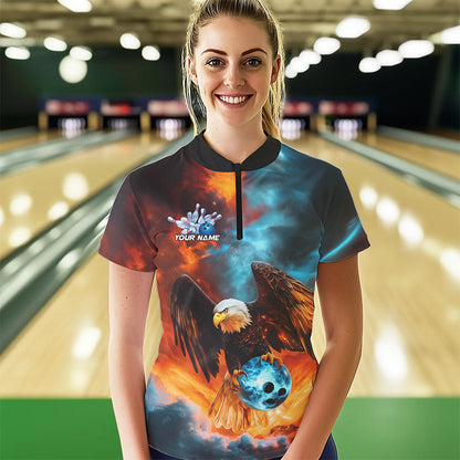 Blau-Orange maßgeschneiderte Flammen-Adler Damen Bowling Quarter-Zip Shirt, Bowling-Team-Shirt IPHW8449
