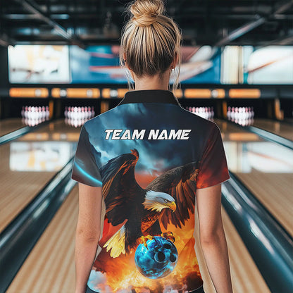 Blau-Orange maßgeschneiderte Flammen-Adler Damen Bowling Quarter-Zip Shirt, Bowling-Team-Shirt IPHW8449