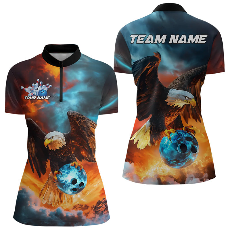 Blau-Orange maßgeschneiderte Flammen-Adler Damen Bowling Quarter-Zip Shirt, Bowling-Team-Shirt IPHW8449
