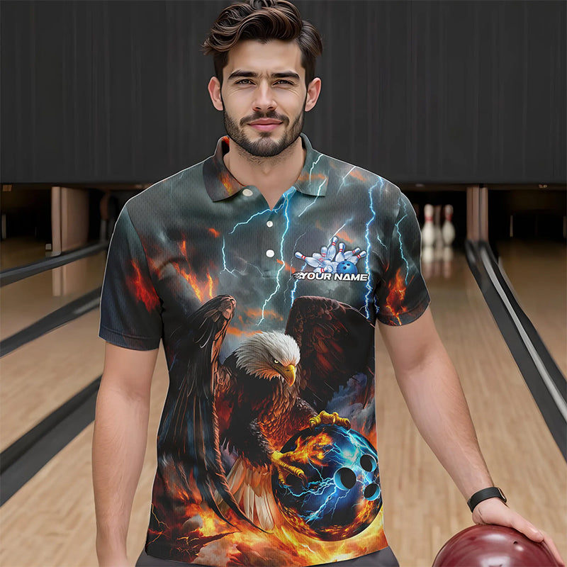Maßgeschneiderte Blaue Donner-Blitz-Flammen-Adler Bowling-Poloshirts für Herren, Bowling-Liga-Shirt IPHW8450