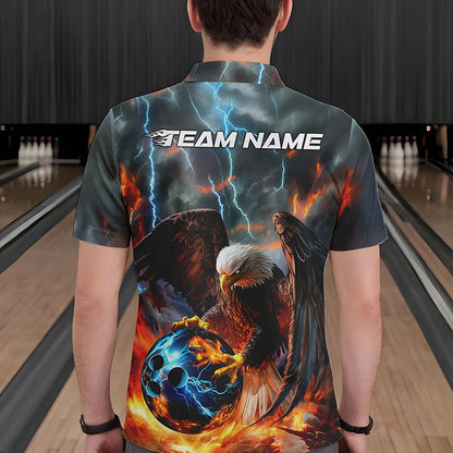 Maßgeschneiderte Blaue Donner-Blitz-Flammen-Adler Bowling-Poloshirts für Herren, Bowling-Liga-Shirt IPHW8450