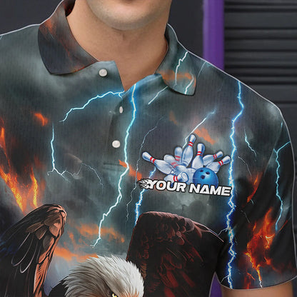 Maßgeschneiderte Blaue Donner-Blitz-Flammen-Adler Bowling-Poloshirts für Herren, Bowling-Liga-Shirt IPHW8450