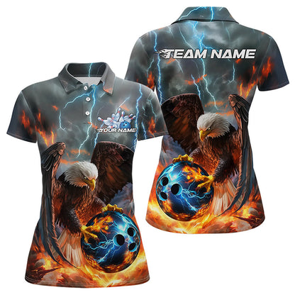 Maßgeschneiderte Blaue Donner-Blitz-Flammen-Adler Damen Bowling-Poloshirts, Bowling-Liga-Shirt IPHW8450