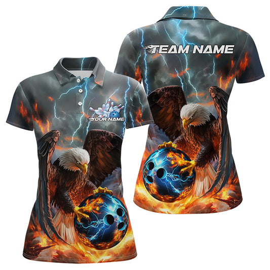 Maßgeschneiderte Blaue Donner-Blitz-Flammen-Adler Damen Bowling-Poloshirts, Bowling-Liga-Shirt IPHW8450