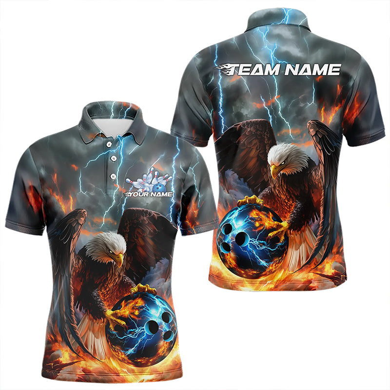Maßgeschneiderte Blaue Donner-Blitz-Flammen-Adler Bowling-Poloshirts für Herren, Bowling-Liga-Shirt IPHW8450