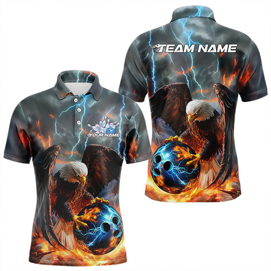Maßgeschneiderte Blaue Donner-Blitz-Flammen-Adler Bowling-Poloshirts für Herren, Bowling-Liga-Shirt IPHW8450
