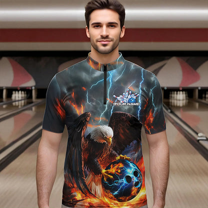 Maßgeschneiderte Blaue Donner-Blitz-Flammen-Adler Bowling Quarter-Zip Shirts für Herren, Bowling-Liga-Shirt IPHW8450