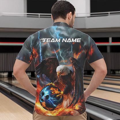 Maßgeschneiderte Blaue Donner-Blitz-Flammen-Adler Bowling Quarter-Zip Shirts für Herren, Bowling-Liga-Shirt IPHW8450