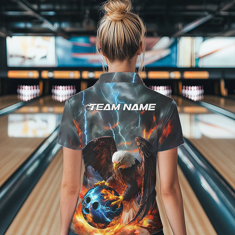 Maßgeschneiderte Blaue Donner-Blitz-Flammen-Adler Damen Bowling-Liga Quarter-Zip Shirt IPHW8450