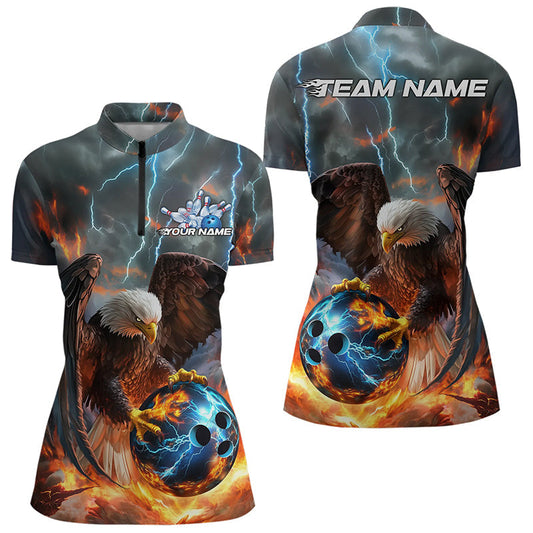 Maßgeschneiderte Blaue Donner-Blitz-Flammen-Adler Damen Bowling-Liga Quarter-Zip Shirt IPHW8450