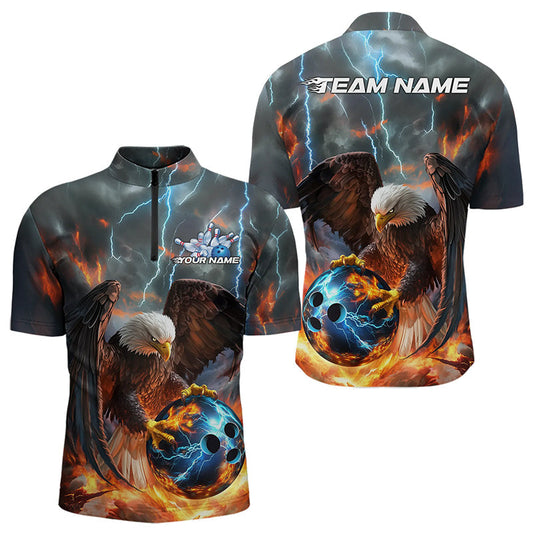 Maßgeschneiderte Blaue Donner-Blitz-Flammen-Adler Bowling Quarter-Zip Shirts für Herren, Bowling-Liga-Shirt IPHW8450