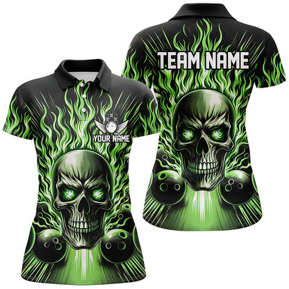 Personalisiertes Schädel-Bowlinghemd für Damen, individuelles Bowlingteam-Flammen-Bowler-Trikot | Grün IPHW5819
