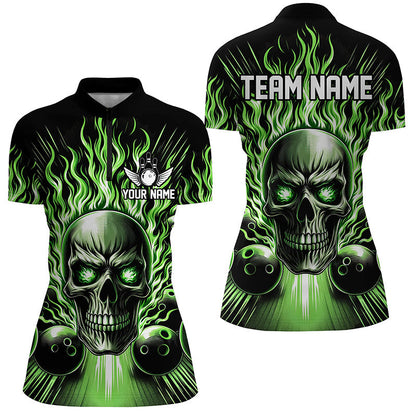 Personalisiertes Schädel-Bowlinghemd für Damen, individuelles Bowlingteam-Flammen-Bowler-Trikot | Grün IPHW5819