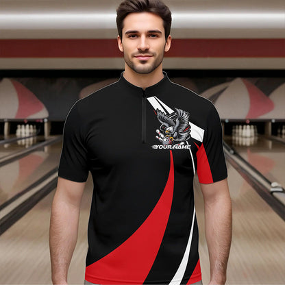 Maßgeschneiderte schwarze und rote Adler-Bowling-Quarter-Zip-Shirts für Herren, Adler-Bowling-Team-Trikots IPHW8732