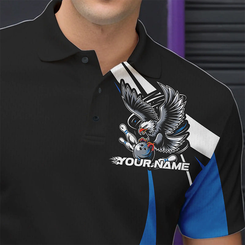 Maßgeschneiderte schwarze und blaue Adler-Bowling-Polo-Shirts für Herren, Adler-Bowling-Team-Trikots IPHW8733