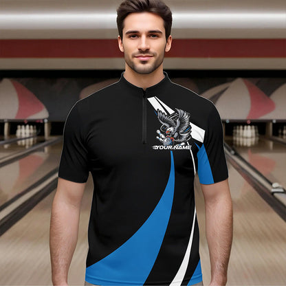 Maßgeschneiderte schwarze und blaue Adler-Bowling-Quarter-Zip-Shirts für Herren, Adler-Bowling-Team-Trikots IPHW8733