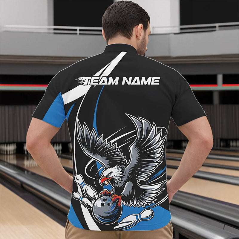 Maßgeschneiderte schwarze und blaue Adler-Bowling-Quarter-Zip-Shirts für Herren, Adler-Bowling-Team-Trikots IPHW8733