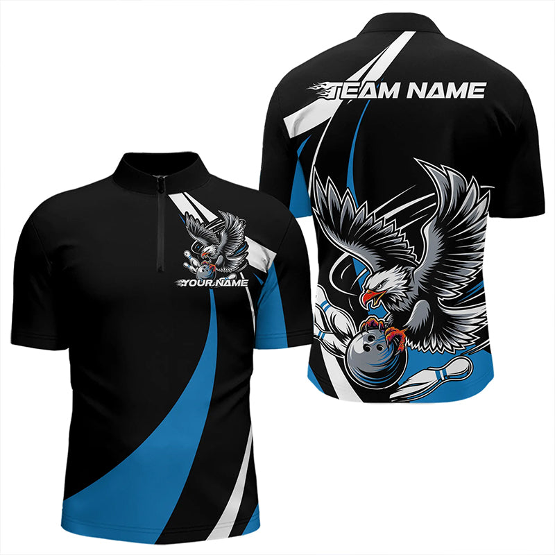 Maßgeschneiderte schwarze und blaue Adler-Bowling-Quarter-Zip-Shirts für Herren, Adler-Bowling-Team-Trikots IPHW8733