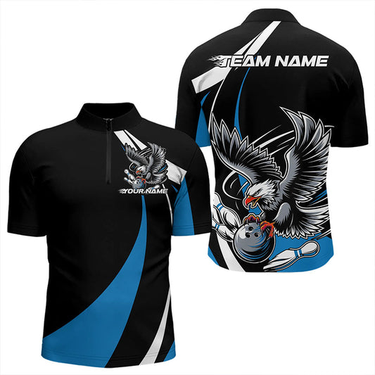 Maßgeschneiderte schwarze und blaue Adler-Bowling-Quarter-Zip-Shirts für Herren, Adler-Bowling-Team-Trikots IPHW8733
