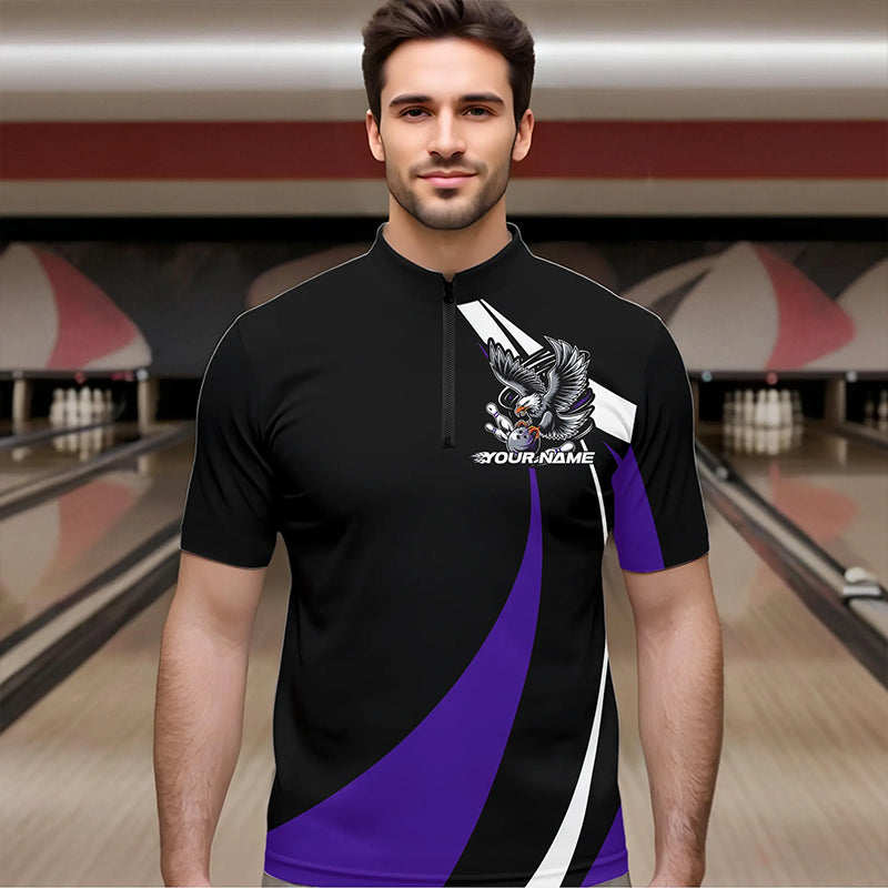Maßgeschneiderte Schwarz-Lila Adler-Bowling Herren-Quarter-Zip-Shirts, Adler-Bowling-Team-Trikots IPHW8734