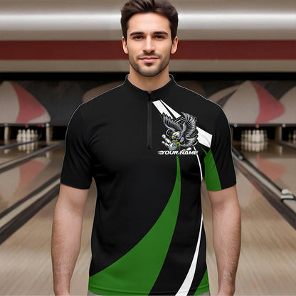 Maßgeschneiderte Schwarz-Grüne Adler-Bowling Herren-Quarter-Zip-Shirts, Adler-Bowling-Team-Trikots IPHW8735