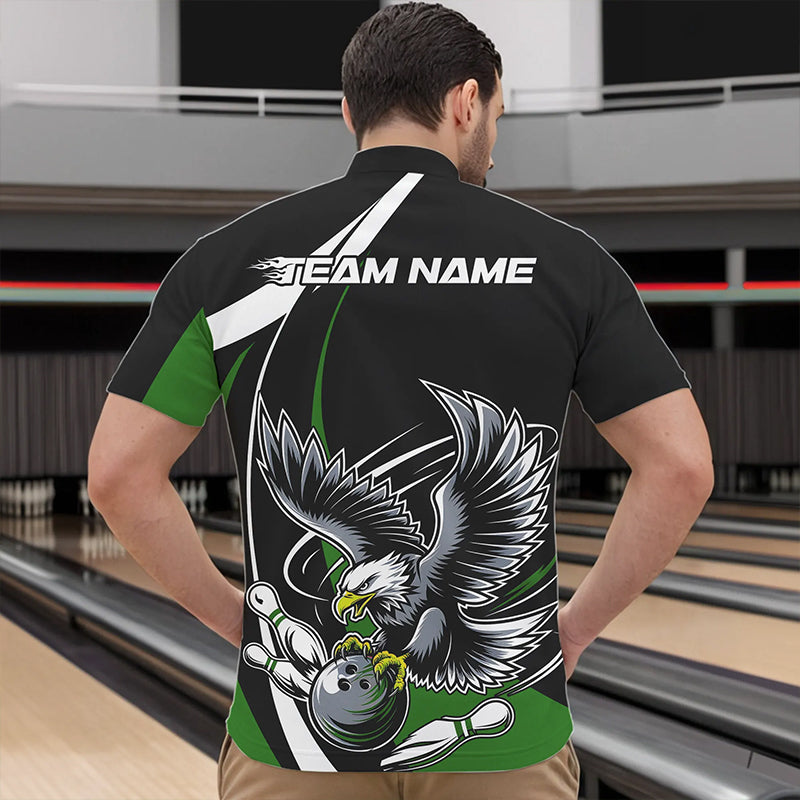 Maßgeschneiderte Schwarz-Grüne Adler-Bowling Herren-Quarter-Zip-Shirts, Adler-Bowling-Team-Trikots IPHW8735
